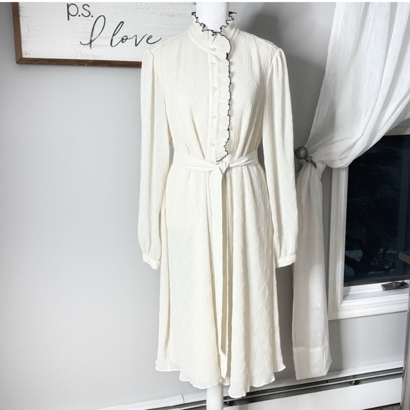 Tory Burch Dress Ivory Belted Long Sleeve Black Piping Detail Shirt Dress Sz 8 - Picture 7 of 14